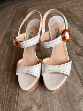 Prada White Leather Slingback Heels with Tortoiseshell Buckle